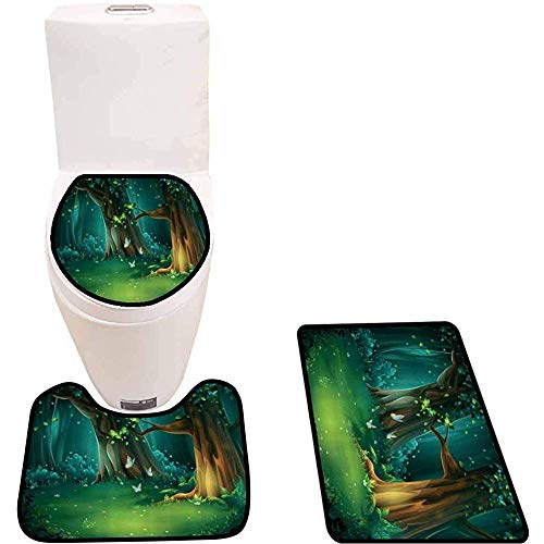 WEURIGEF Alfombrilla de baño de 3 Piezas con Estampado Árboles y Mariposas Alfombra de baño Alfombra de Contorno y Tapa