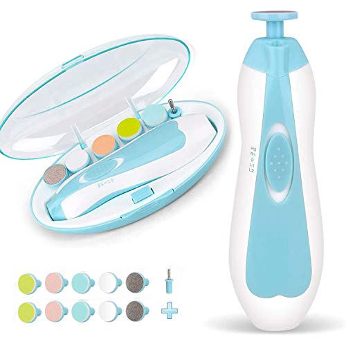 WIKEA Eléctrico Lima de uñas del bebé con luz LED, Multifuncional Set de Pedicura para Bebés y Adultos para las uñas, kit de Cortaúñas 11 intercambiables (Azul)