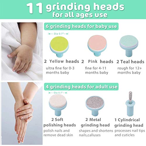 WIKEA Eléctrico Lima de uñas del bebé con luz LED, Multifuncional Set de Pedicura para Bebés y Adultos para las uñas, kit de Cortaúñas 11 intercambiables (Azul)