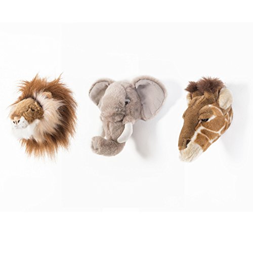 Wild & Soft Caja safari con 3 trofeos: jirafa, león, elefante. Animales de peluche hechos a mano para decoración de paredes para habitaciones infantiles. Aprox. 20x20cm