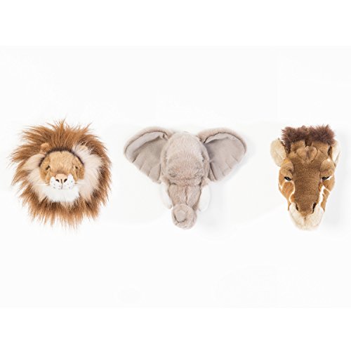 Wild & Soft Caja safari con 3 trofeos: jirafa, león, elefante. Animales de peluche hechos a mano para decoración de paredes para habitaciones infantiles. Aprox. 20x20cm
