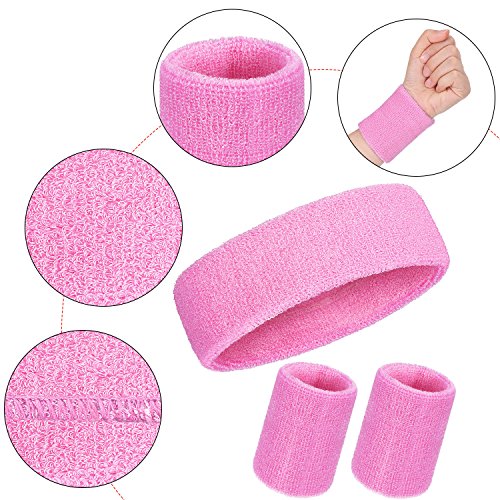 WILLBOND Juego de 3 Piezas de Muñequeras, Incluye Diadema Deportiva y Muñequera de Pulsera de Algodón de Rayas Banda de Sudor para Atléticos Hombres y Mujeres (Rosa)