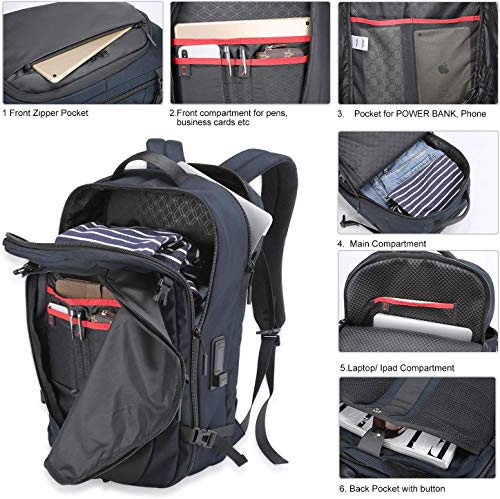 Wind Took Mochila para Portatíl 17 Pulgadas Equipaje de Mano Mochila Viaje Grande Impermeable Poliéster + PU Multifuncional para Trabajo/Vacacinones/Colegio/Viaja de Negocios/Azul