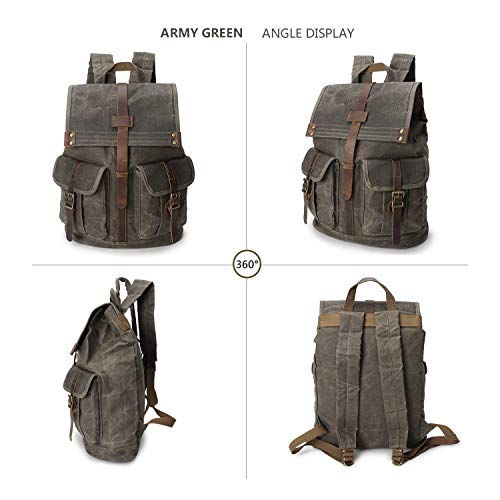 Wind Took Mochila portátil 15.6 Pulgadas de Lona Retro Mochilas Escolares Juveniles de Cuero Mochila Mujer Hombre Backpack Mochila universitaria Bolsa para la Escuela de viaja Ejercito Verde