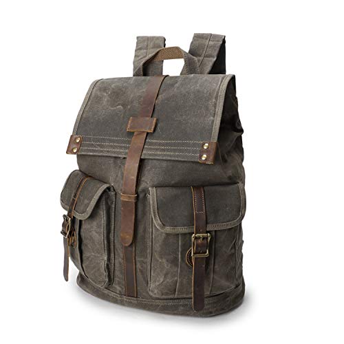 Wind Took Mochila portátil 15.6 Pulgadas de Lona Retro Mochilas Escolares Juveniles de Cuero Mochila Mujer Hombre Backpack Mochila universitaria Bolsa para la Escuela de viaja Ejercito Verde