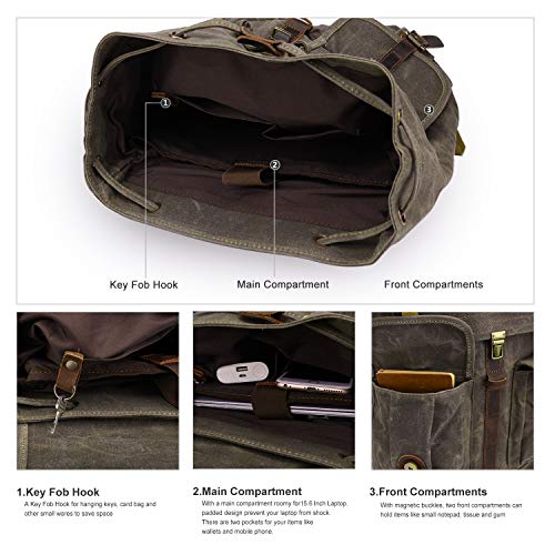 Wind Took Mochila portátil 15.6 Pulgadas de Lona Retro Mochilas Escolares Juveniles de Cuero Mochila Mujer Hombre Backpack Mochila universitaria Bolsa para la Escuela de viaja Ejercito Verde