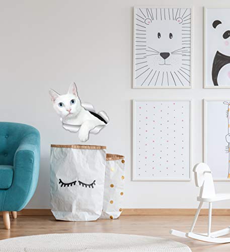 Winston & Bear - Adhesivos para pared de gato de pelo corto, color blanco, 2 unidades, diseño de gato blanco de ojos azules para paredes, coches, inodoros y más, paquete al por menor