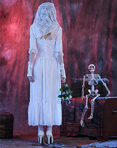 WINWINTOM Vestidos Mujer Largos Fiesta Halloween Manga Larga Encaje Blanco Falda Juego de Roles Vampiro La Novia Maquillar Fiesta de Baile Bar Ropa+Velo+Guante