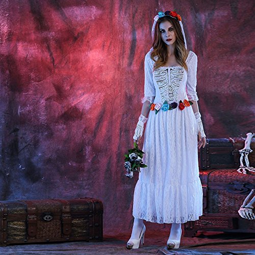 WINWINTOM Vestidos Mujer Largos Fiesta Halloween Manga Larga Encaje Blanco Falda Juego de Roles Vampiro La Novia Maquillar Fiesta de Baile Bar Ropa+Velo+Guante