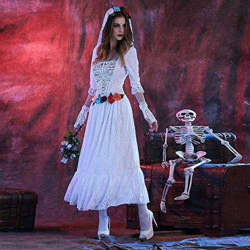 WINWINTOM Vestidos Mujer Largos Fiesta Halloween Manga Larga Encaje Blanco Falda Juego de Roles Vampiro La Novia Maquillar Fiesta de Baile Bar Ropa+Velo+Guante