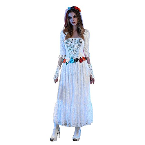 WINWINTOM Vestidos Mujer Largos Fiesta Halloween Manga Larga Encaje Blanco Falda Juego de Roles Vampiro La Novia Maquillar Fiesta de Baile Bar Ropa+Velo+Guante