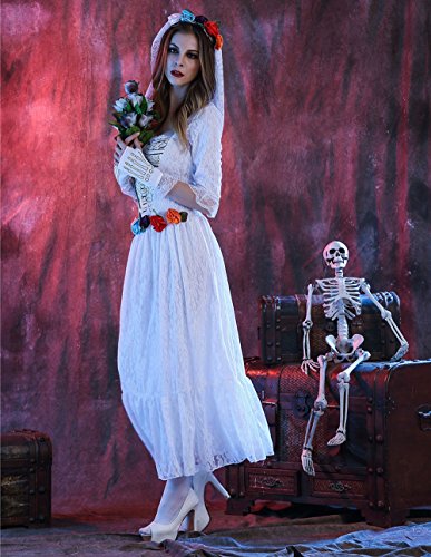 WINWINTOM Vestidos Mujer Largos Fiesta Halloween Manga Larga Encaje Blanco Falda Juego de Roles Vampiro La Novia Maquillar Fiesta de Baile Bar Ropa+Velo+Guante