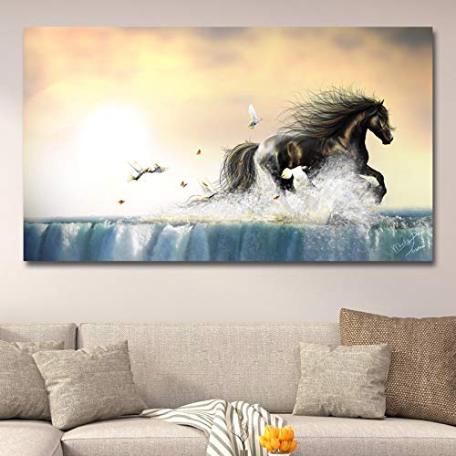 wojinbao Caballo Moderno Corriendo en el Agua Lienzo Pintura Arte de la Pared Cartel e Impresiones Imagen Decoración del hogar para la Sala de estar40x70cm