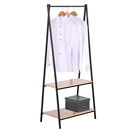 WOLTU Perchero de Pie para Colgar Ropas Zapatero con 2 Estantes Marco de Acero Negro + Roble SR0066