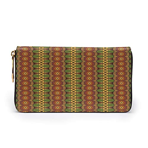 Women's Long Leather Card Holder Purse Zipper Buckle Elegant Clutch Wallet, Abstract Tribal Motifs Vertical Ethnic Borders Folkloric Hippie Antique,Sleek and Slim Travel Purse