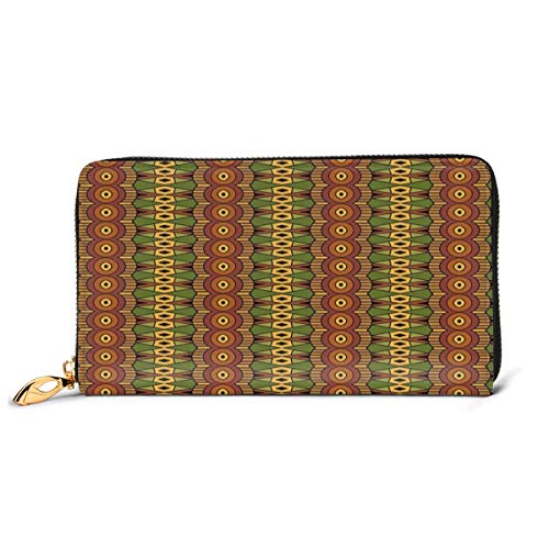 Women's Long Leather Card Holder Purse Zipper Buckle Elegant Clutch Wallet, Abstract Tribal Motifs Vertical Ethnic Borders Folkloric Hippie Antique,Sleek and Slim Travel Purse
