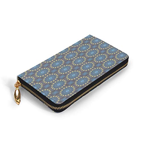 Women's Long Leather Card Holder Purse Zipper Buckle Elegant Clutch Wallet, Arabesque Style Mandala Inspired Circular Motifs Ethnic Antique,Sleek and Slim Travel Purse