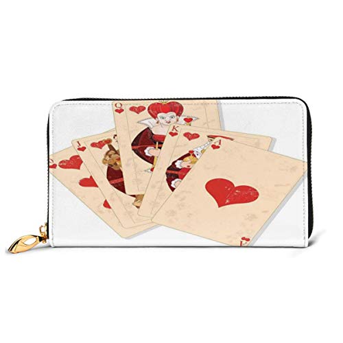 Women's Long Leather Card Holder Purse Zipper Buckle Elegant Clutch Wallet, Crown of Gambler Queen Alice Hearts Royal Fairy Flush Face Magic,Sleek and Slim Travel Purse