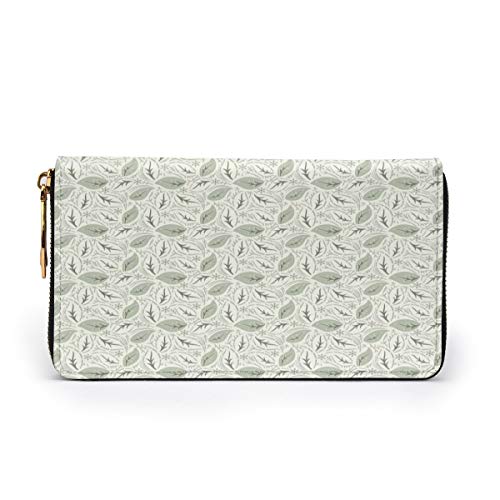 Women's Long Leather Card Holder Purse Zipper Buckle Elegant Clutch Wallet, Floral Vintage Ornamental Flourishing Nature Illustration Retro Swirls Antique,Sleek and Slim Travel Purse