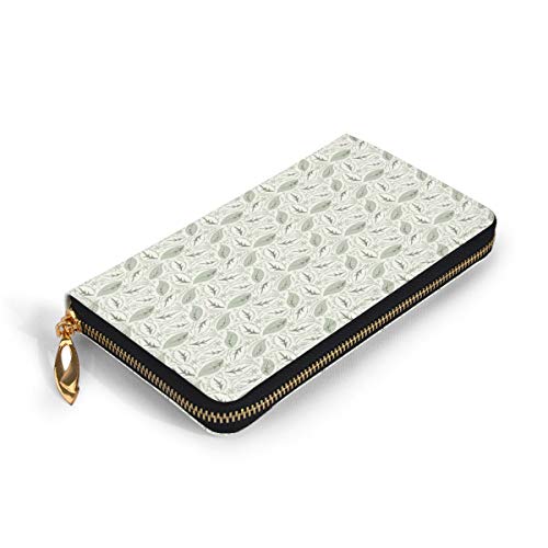 Women's Long Leather Card Holder Purse Zipper Buckle Elegant Clutch Wallet, Floral Vintage Ornamental Flourishing Nature Illustration Retro Swirls Antique,Sleek and Slim Travel Purse