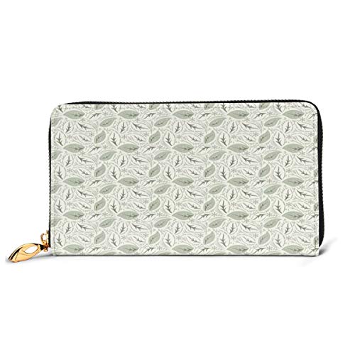 Women's Long Leather Card Holder Purse Zipper Buckle Elegant Clutch Wallet, Floral Vintage Ornamental Flourishing Nature Illustration Retro Swirls Antique,Sleek and Slim Travel Purse