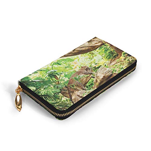 Women's Long Leather Card Holder Purse Zipper Buckle Elegant Clutch Wallet, Leopard On The Branch In Savannah Exotic Macro Tropical Leaf Jungle Wild Nature Art,Sleek and Slim Travel Purse