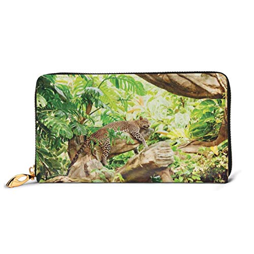 Women's Long Leather Card Holder Purse Zipper Buckle Elegant Clutch Wallet, Leopard On The Branch In Savannah Exotic Macro Tropical Leaf Jungle Wild Nature Art,Sleek and Slim Travel Purse