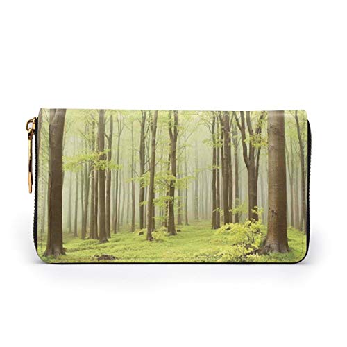 Women's Long Leather Card Holder Purse Zipper Buckle Elegant Clutch Wallet, Misty Spring Beech Forest In The Mountains of Central Europe Wild Nature Picture,Sleek and Slim Travel Purse