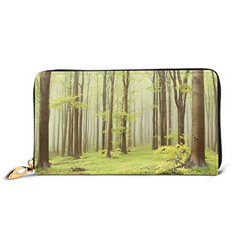 Women's Long Leather Card Holder Purse Zipper Buckle Elegant Clutch Wallet, Misty Spring Beech Forest In The Mountains of Central Europe Wild Nature Picture,Sleek and Slim Travel Purse