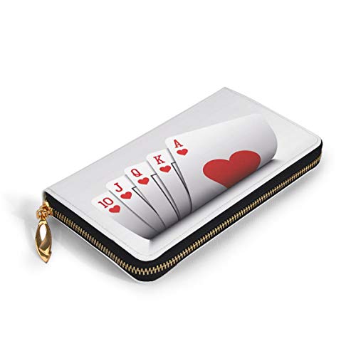 Women's Long Leather Card Holder Purse Zipper Buckle Elegant Clutch Wallet, Royal Flush Playing Cards Hearts Betting Bluff Gambling,Sleek and Slim Travel Purse