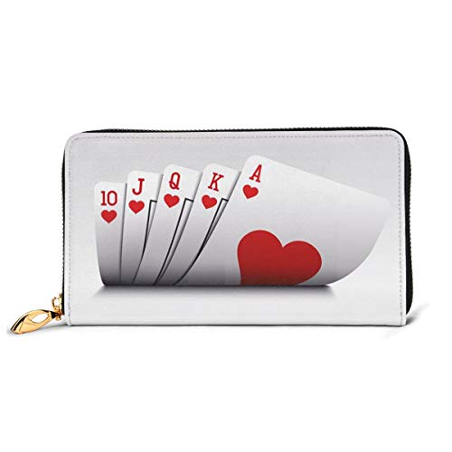 Women's Long Leather Card Holder Purse Zipper Buckle Elegant Clutch Wallet, Royal Flush Playing Cards Hearts Betting Bluff Gambling,Sleek and Slim Travel Purse