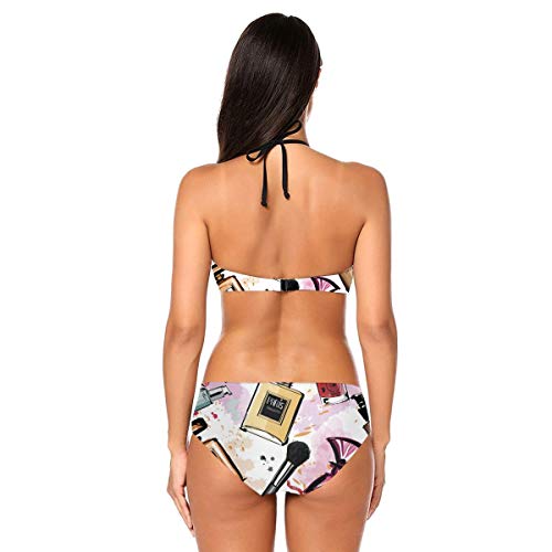WoodWorths Perfume Lipstick Nail Polish Women's Swimsuit Bikini Set Halter Beach Holiday(XL,Black)