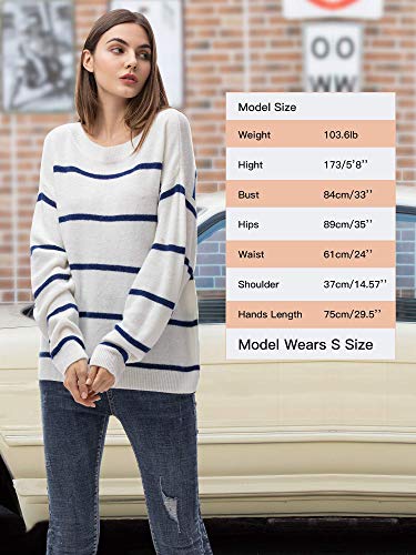 Woolen Bloom Manga Larga Sueter Invierno Sueter Mujer 2019 Jersey Elegante Blanco Azul Rayas Jerseys Punto Blanco Suelta y Cómoda