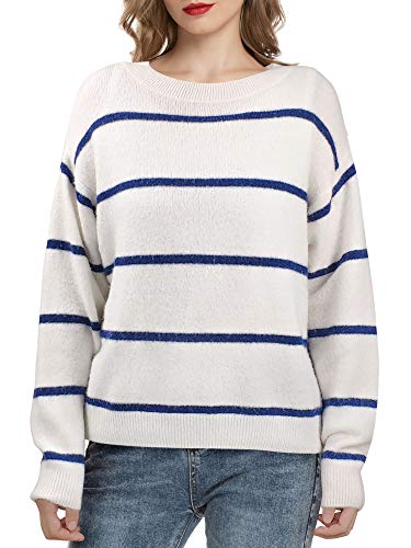 Woolen Bloom Manga Larga Sueter Invierno Sueter Mujer 2019 Jersey Elegante Blanco Azul Rayas Jerseys Punto Blanco Suelta y Cómoda