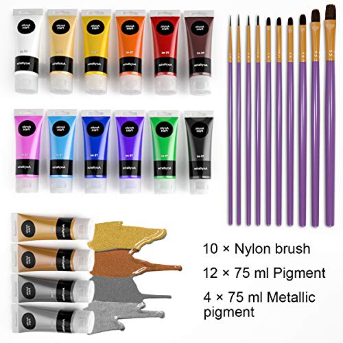 WOSTOO Pinturas Acrílicas 26 set Tubos de Pintura Acrílica 16 x 75ML+10 Piezas Pincel de Pigmentos de Colores Alta Cobertura y de Secado Rápido para Principiantes Estudiantes y Artistas