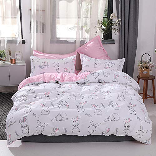 WPHRL Conejo Animal de Oreja Grande Rosa Blanco y Negro Juego de Ropa de Cama 4 Piezas para Cama Funda de edredón 200x230cm Material de algodón 1 Sábana 2 Funda de Almohada 50 * 75cm