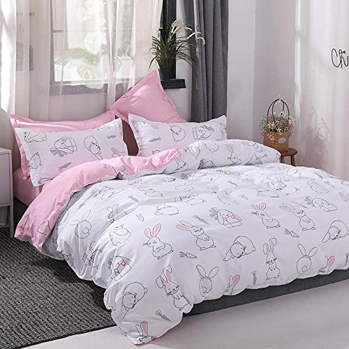 WPHRL Conejo Animal de Oreja Grande Rosa Blanco y Negro Juego de Ropa de Cama 4 Piezas para Cama Funda de edredón 200x230cm Material de algodón 1 Sábana 2 Funda de Almohada 50 * 75cm