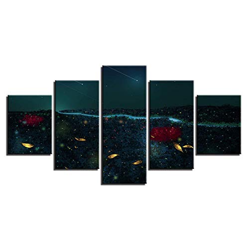 WRZWRM Poster Hd Printing Painting Art 5 Piezas Mountain River And Beautiful Meteor Night View Canvas Modular Wall Decor