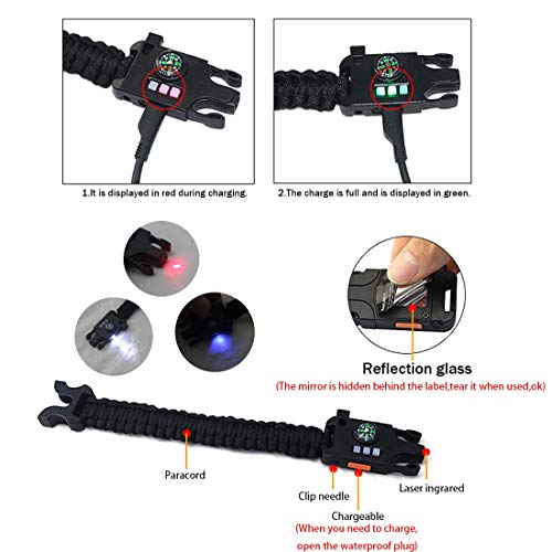 WYYHAA Paracord Bracelet Survival, 2 Pack de Equipo de Emergencia táctico Recargable, Incluye Linterna LED SOS, lámpara UV, brújula de actualización, Rescate con Silbato al Aire Libre,A