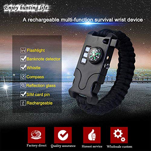 WYYHAA Paracord Bracelet Survival, 2 Pack de Equipo de Emergencia táctico Recargable, Incluye Linterna LED SOS, lámpara UV, brújula de actualización, Rescate con Silbato al Aire Libre,A
