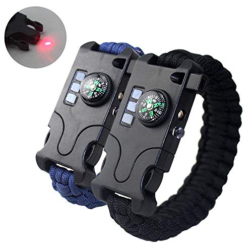 WYYHAA Paracord Bracelet Survival, 2 Pack de Equipo de Emergencia táctico Recargable, Incluye Linterna LED SOS, lámpara UV, brújula de actualización, Rescate con Silbato al Aire Libre,A