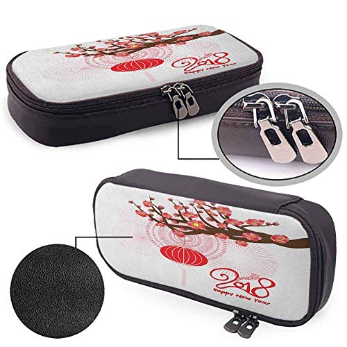XCNGG Estuche para maquillaje cosmético con cierre de cremallera de cuero de Año Nuevo chino, estuche para lápices, rama de cerezo floreciente y con cremalleras suaves Happy Wish, impermeable marrón e