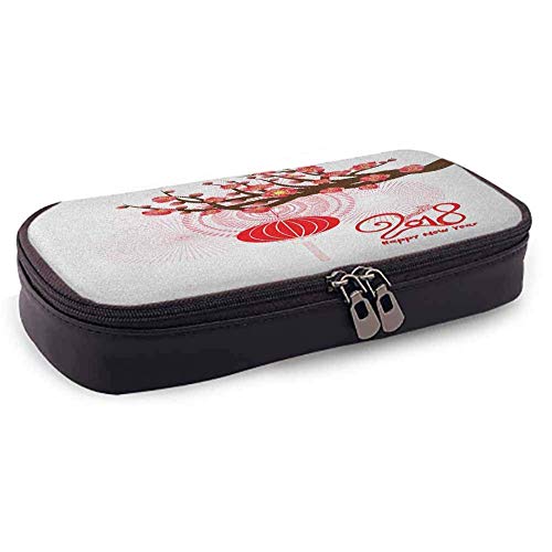 XCNGG Estuche para maquillaje cosmético con cierre de cremallera de cuero de Año Nuevo chino, estuche para lápices, rama de cerezo floreciente y con cremalleras suaves Happy Wish, impermeable marrón e
