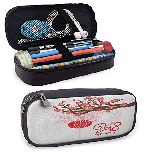 XCNGG Estuche para maquillaje cosmético con cierre de cremallera de cuero de Año Nuevo chino, estuche para lápices, rama de cerezo floreciente y con cremalleras suaves Happy Wish, impermeable marrón e