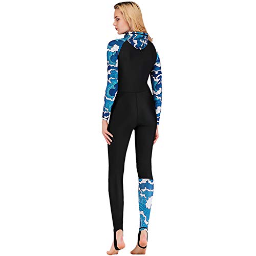 XDXART Traje de baño de una pieza con capucha de manga larga para mujer, traje de surf de pierna corta, protección UV protector solar (onda azul, L)