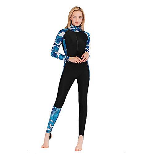 XDXART Traje de baño de una pieza con capucha de manga larga para mujer, traje de surf de pierna corta, protección UV protector solar (onda azul, L)