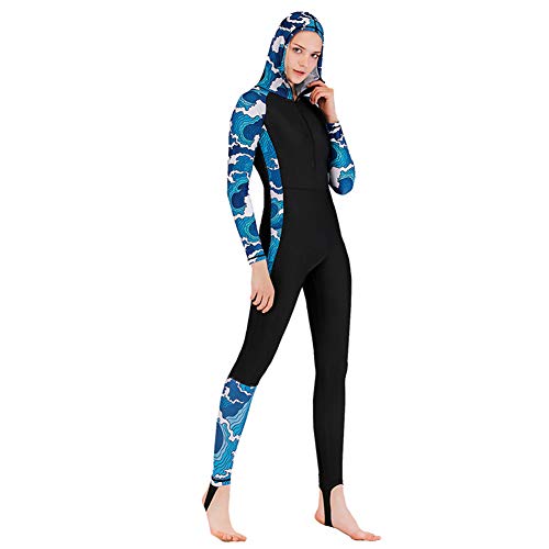 XDXART Traje de baño de una pieza con capucha de manga larga para mujer, traje de surf de pierna corta, protección UV protector solar (onda azul, L)