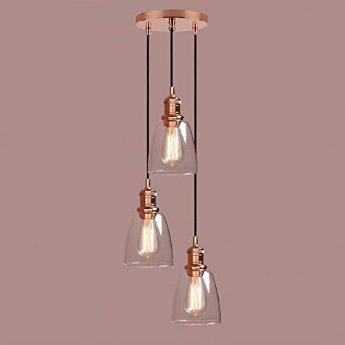 XHCP Industrial Vintage Loft Bar Accesorios de Luces Colgantes de 3 vías con Pantalla de Cristal de Campana, Techo Colgante Lámpara de 3 Luces para Cocina Isla Comedor Sala de Estar Restaurante C