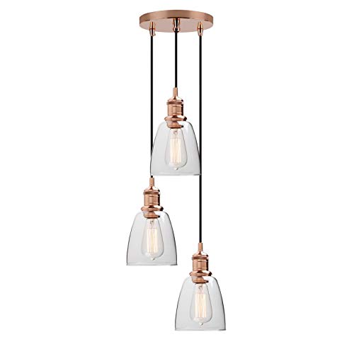 XHCP Industrial Vintage Loft Bar Accesorios de Luces Colgantes de 3 vías con Pantalla de Cristal de Campana, Techo Colgante Lámpara de 3 Luces para Cocina Isla Comedor Sala de Estar Restaurante C