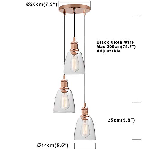 XHCP Industrial Vintage Loft Bar Accesorios de Luces Colgantes de 3 vías con Pantalla de Cristal de Campana, Techo Colgante Lámpara de 3 Luces para Cocina Isla Comedor Sala de Estar Restaurante C